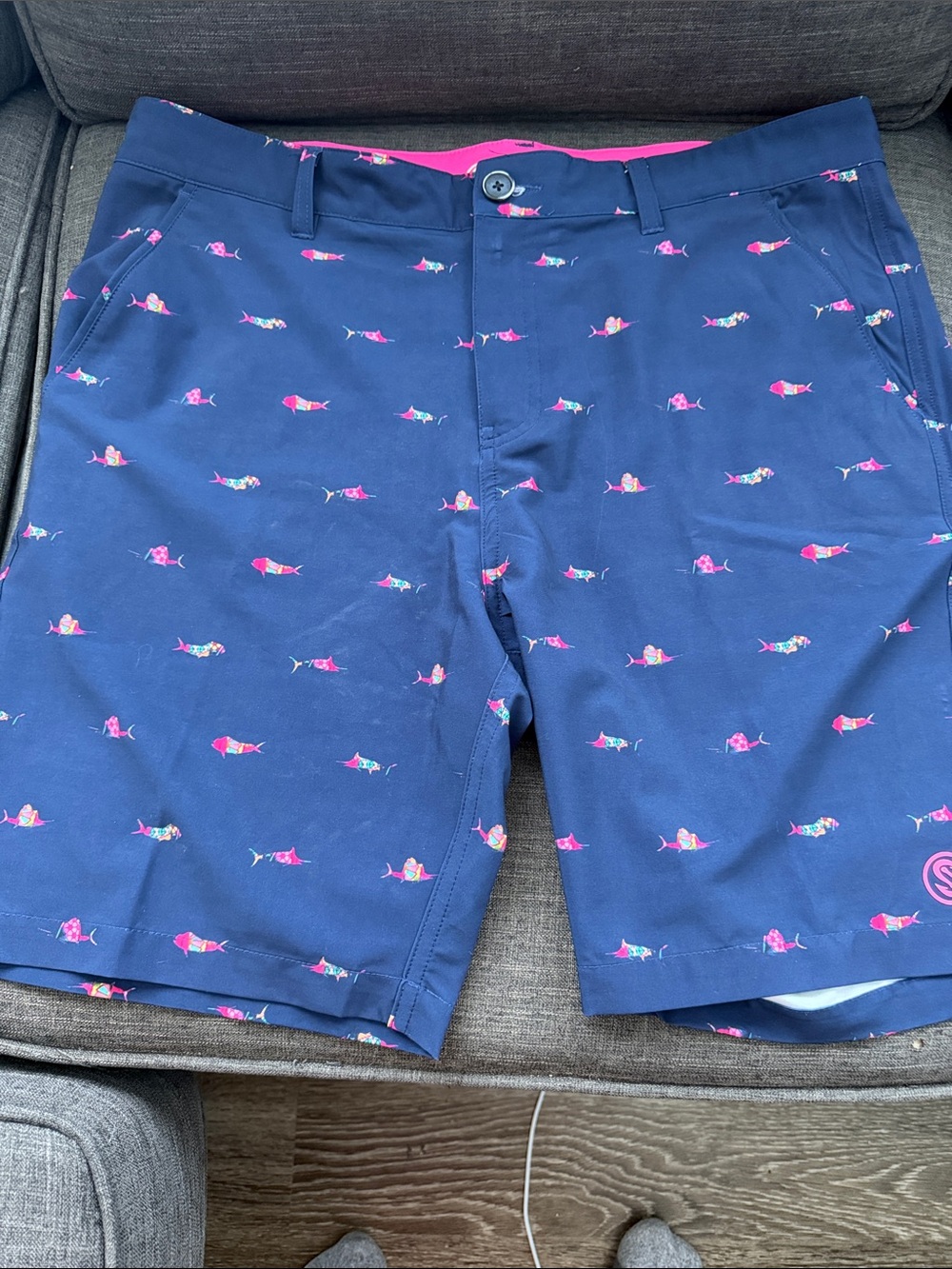 Men's SCALES  Navy Chino Shorts with Pink Fish Print
